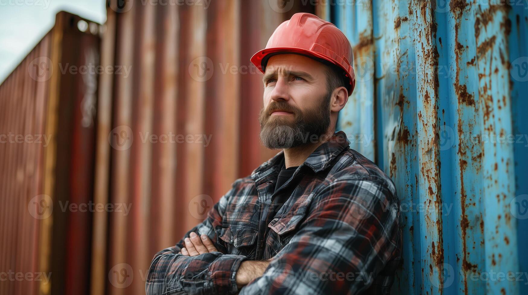 Confident worker in hard hat standing against rusty containers, showcasing determination and strength photo