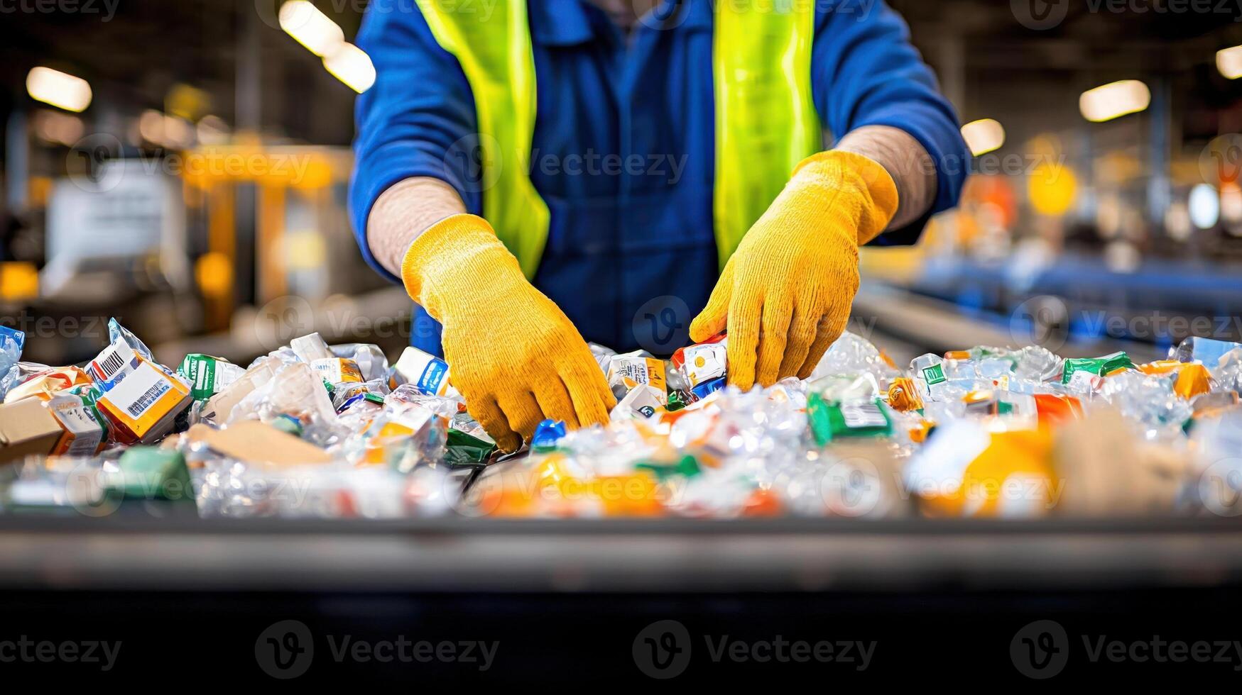 Handling reusable packaging materials, worker in gloves sorts through recyclable items with focus and care. Supply chain management concept photo