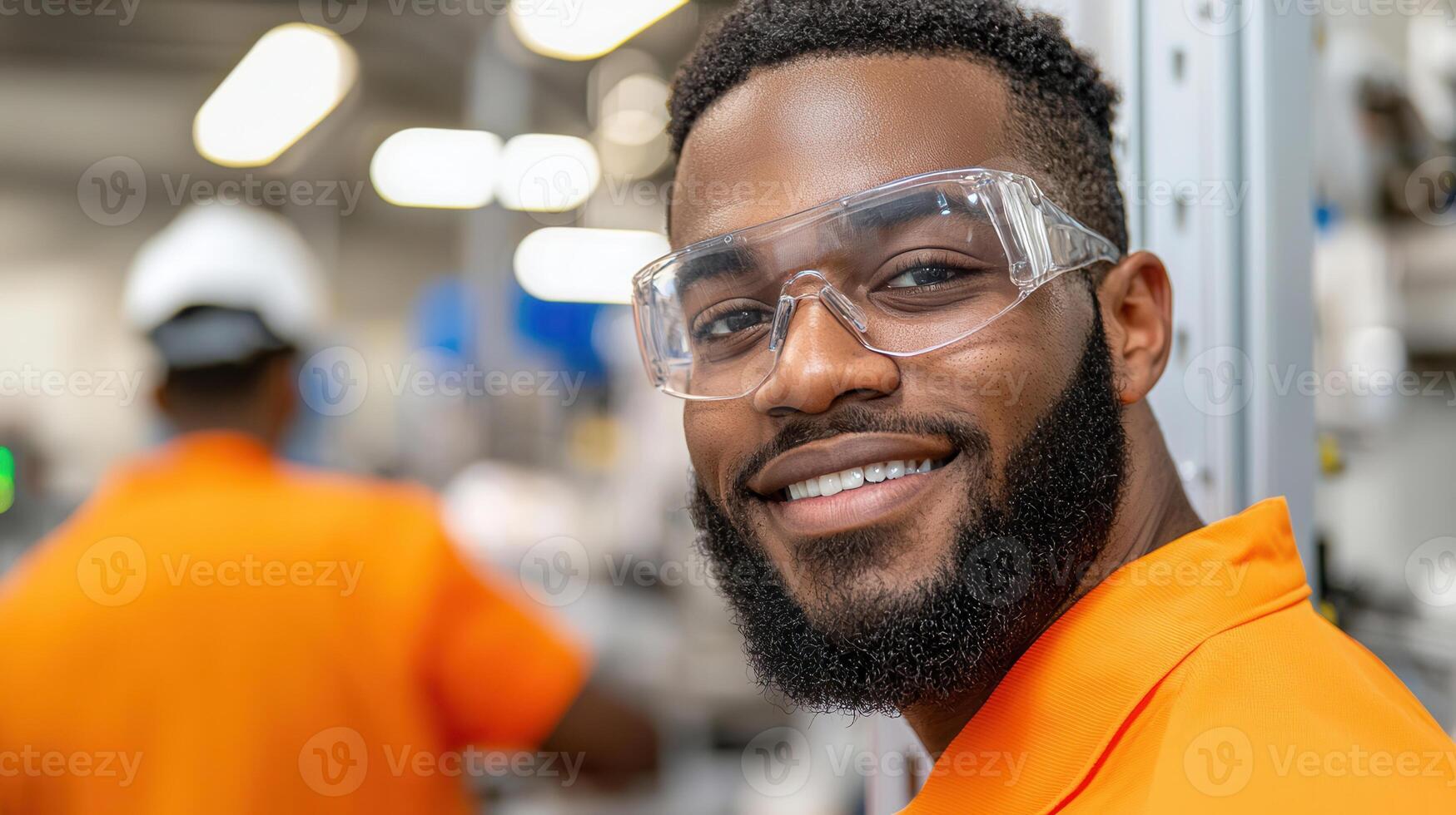smiling engineer in safety glasses and orange uniform photo