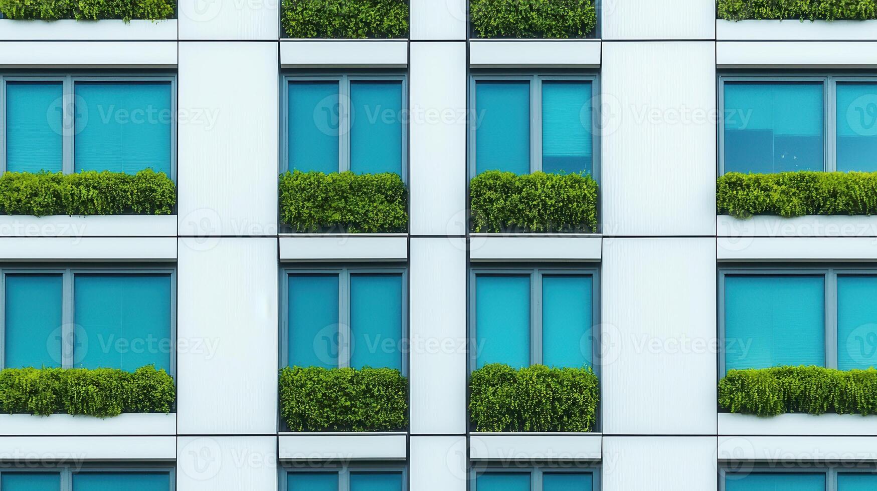 Sustainable architecture with green balconies and modern windows photo