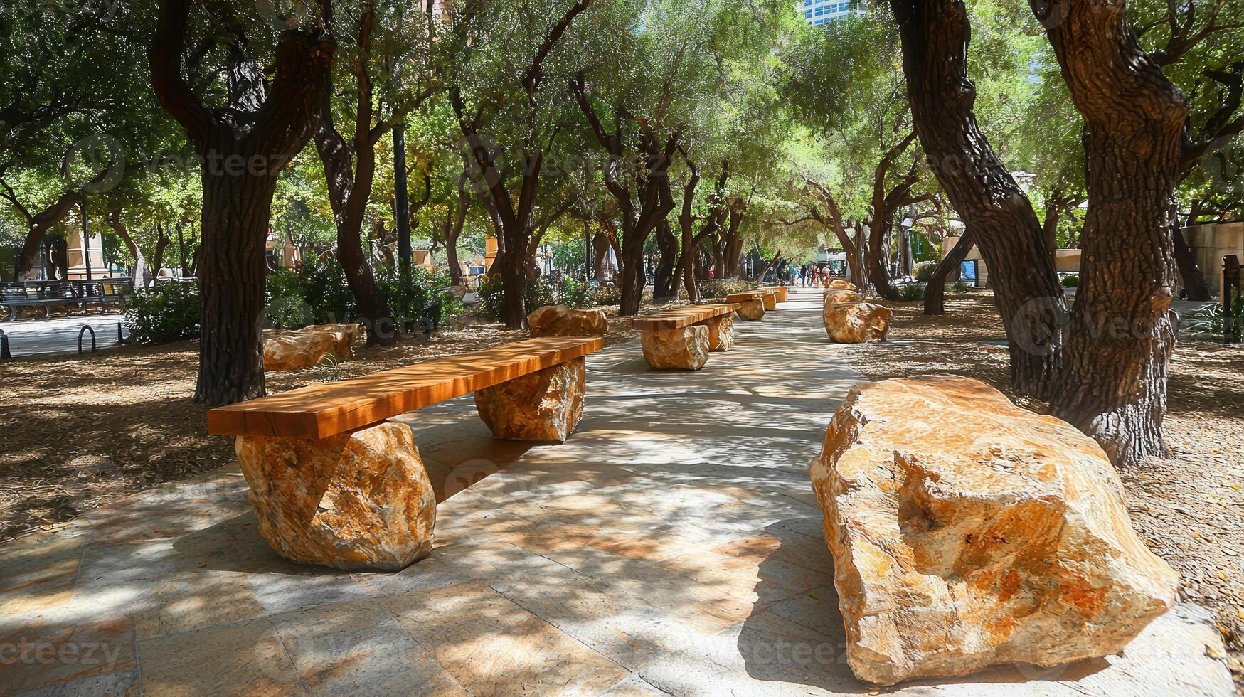 serene urban park featuring natural stone benches and lush greenery photo