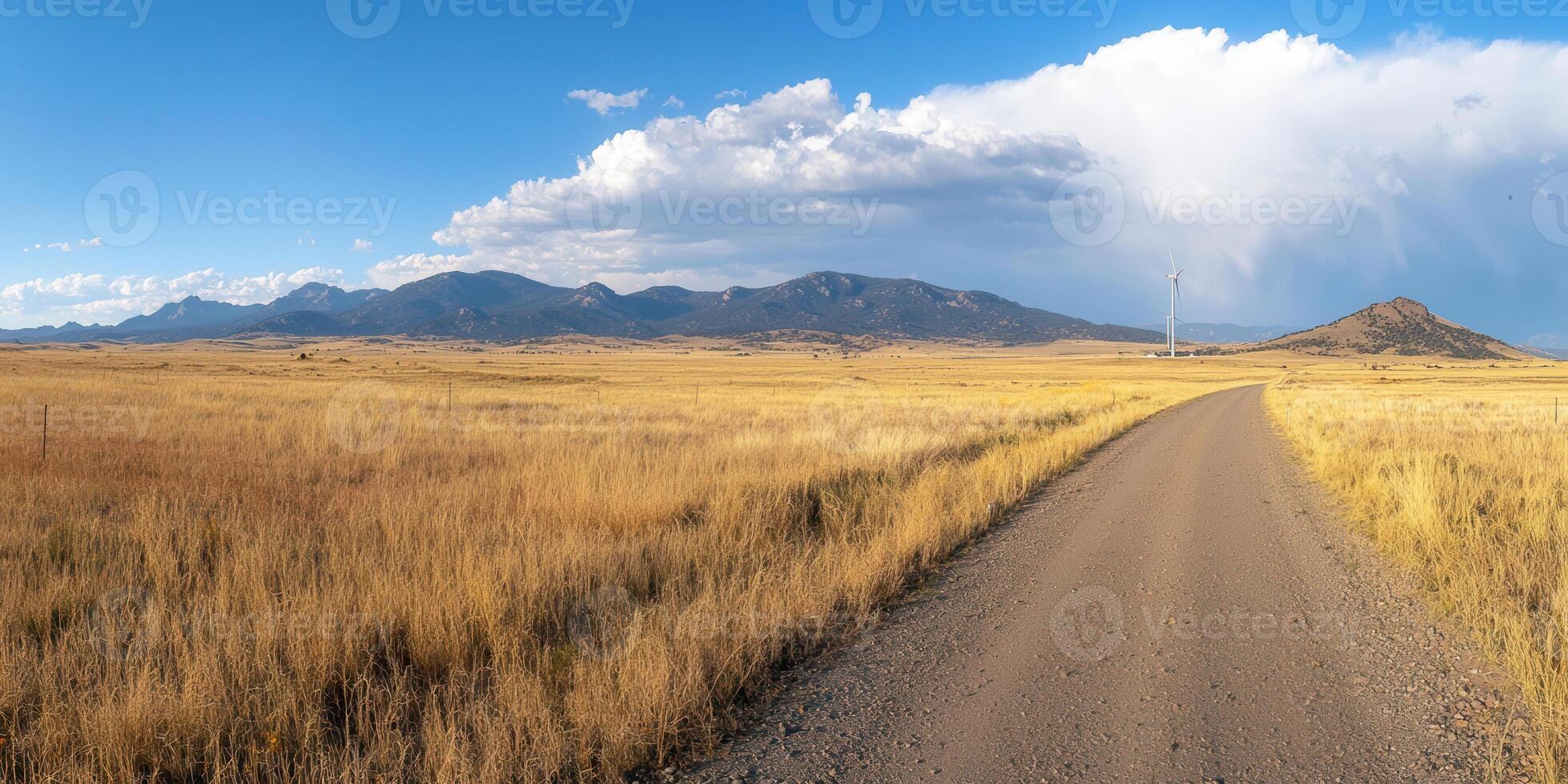Wide angle view of dirt road leading to mountains and wind turbines photo