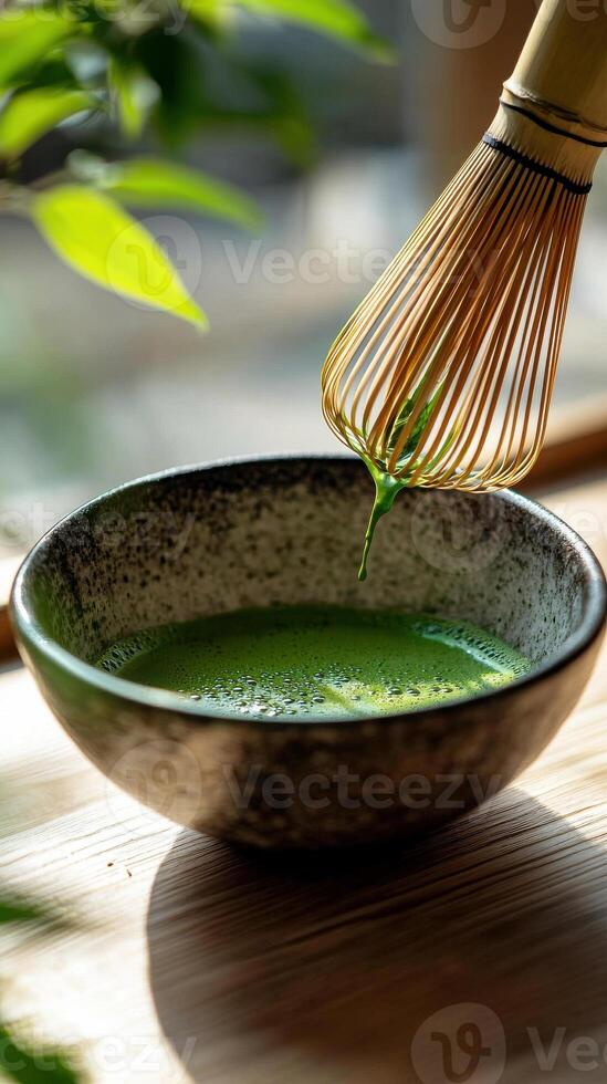 serene moment of matcha green tea preparation, showcasing bamboo whisk blending vibrant green tea in textured bowl photo