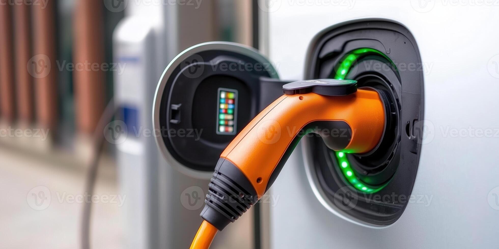 close up of electric vehicle charging at station, showcasing charging plug and illuminated indicators photo