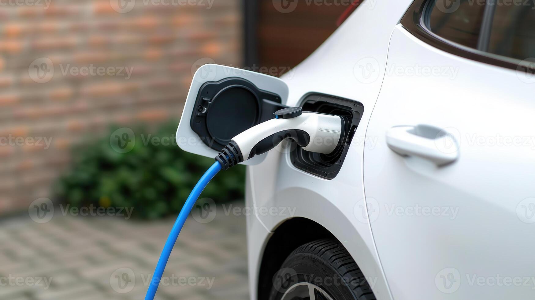 close up of electric vehicle charging at station, showcasing charging port and cable. scene reflects modern technology and sustainability photo
