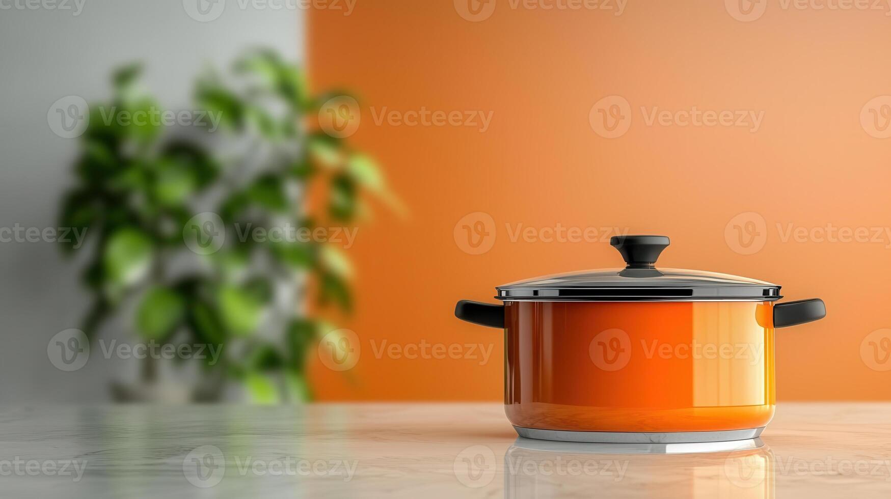 vibrant orange pot sits on marble countertop, surrounded by greenery, creating warm kitchen atmosphere photo