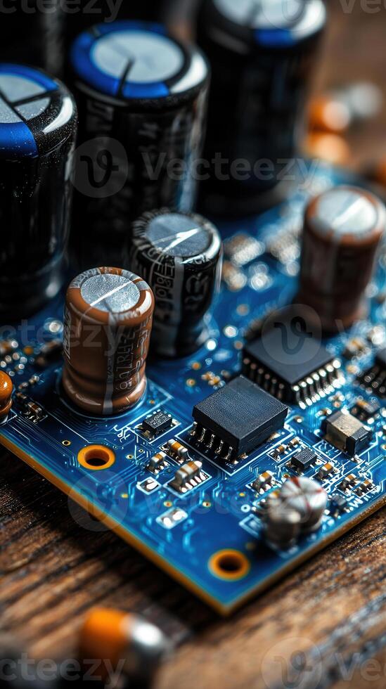 close up of circuit board with capacitors and microchips showcasing intricate details photo