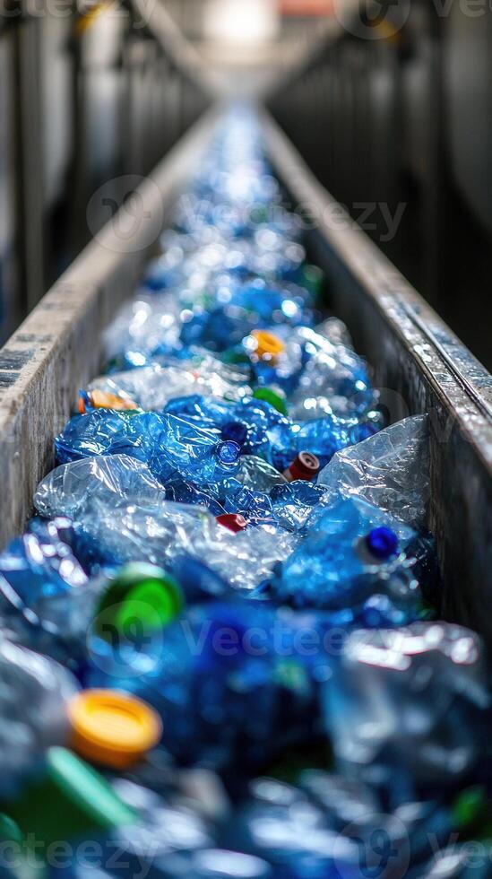 Recycling facility with plastic waste on conveyor belt, showcasing sorting process photo
