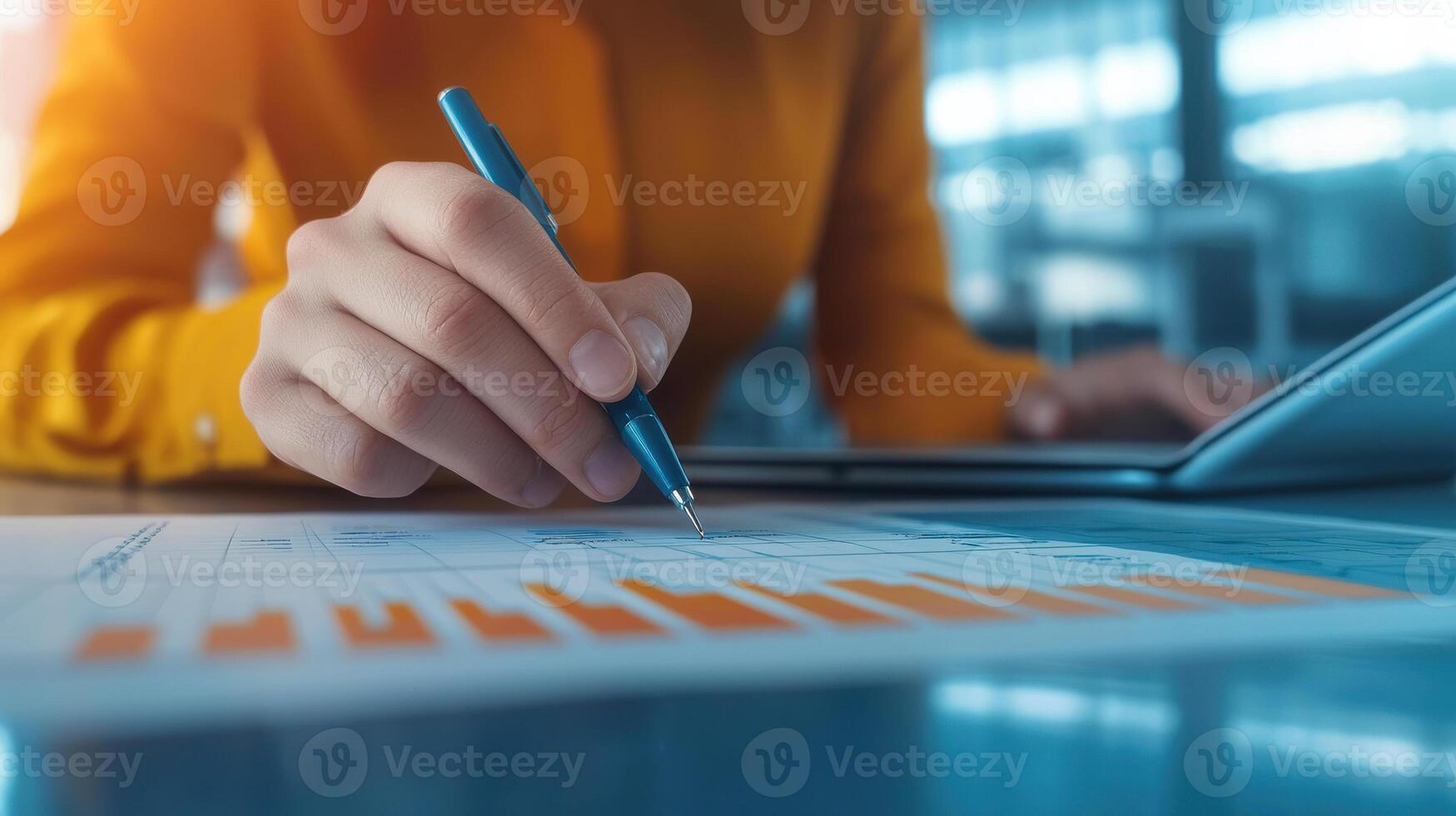 Hand holding pen, writing on financial report with charts and graphs. Supply chain management concept photo