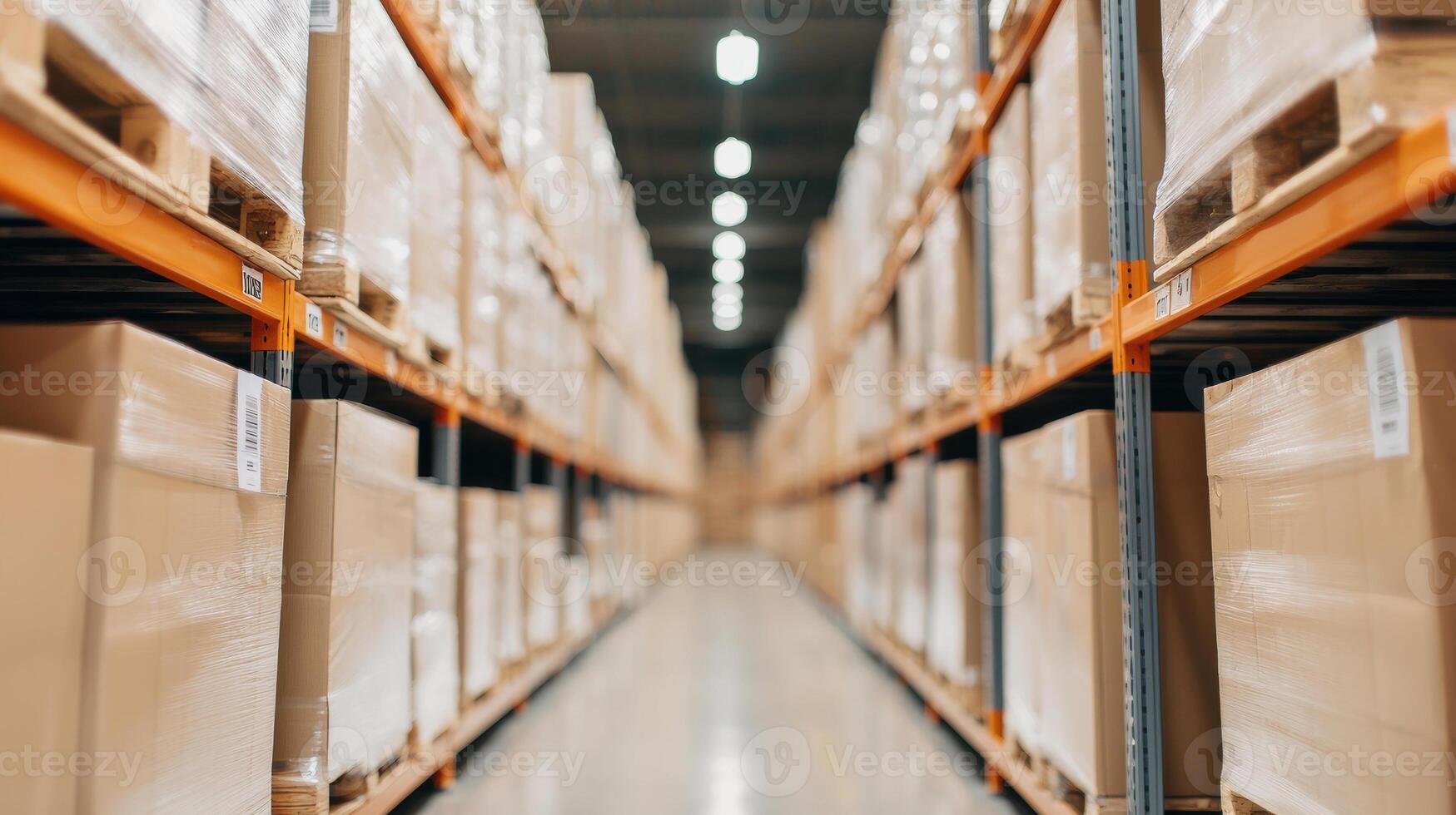 Neatly organized warehouse storage with cardboard boxes on pallets Supply chain management concept photo