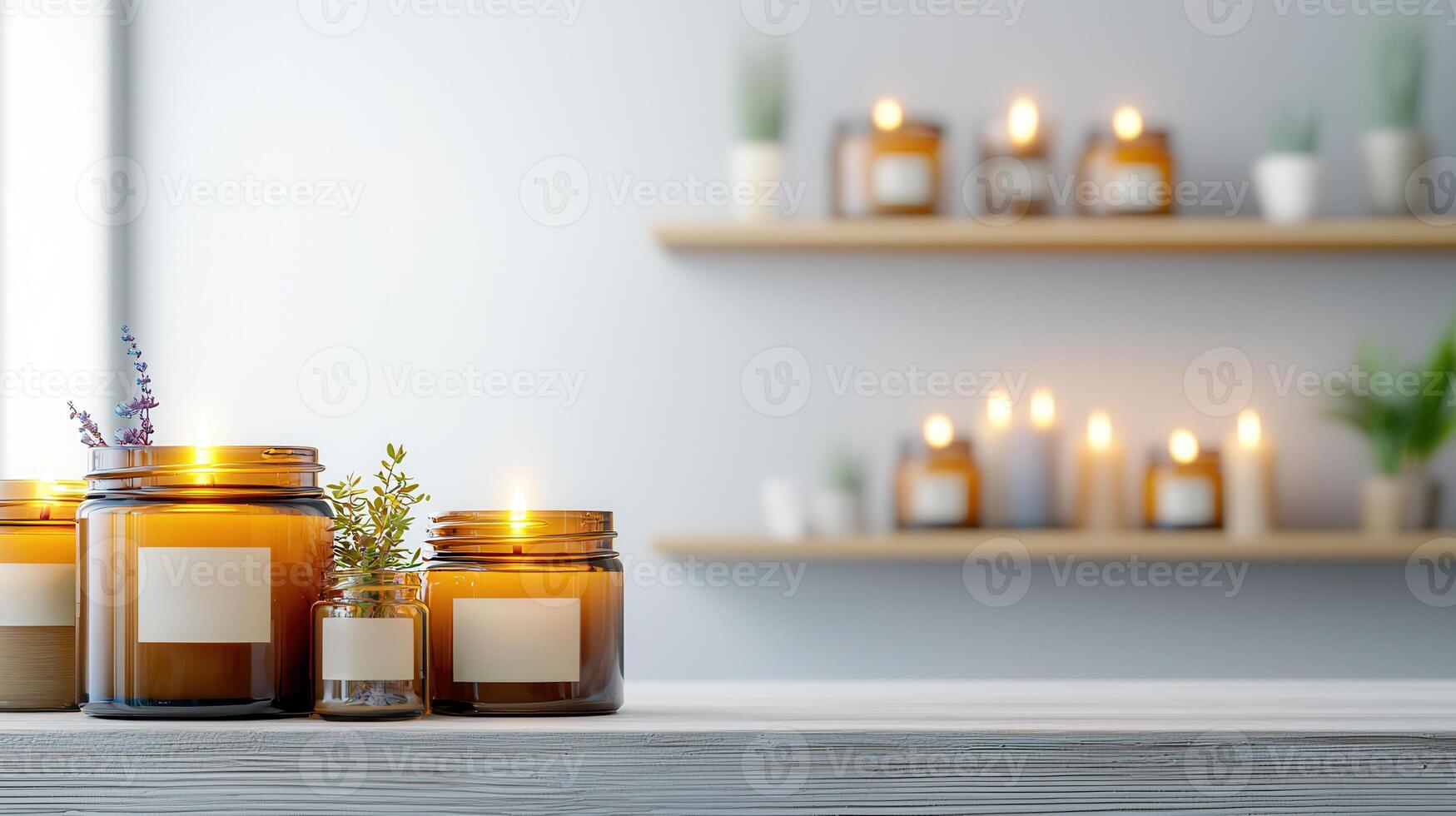 Hand poured soy candles in amber glass jars create soft warm glow, enhancing cozy atmosphere of space photo