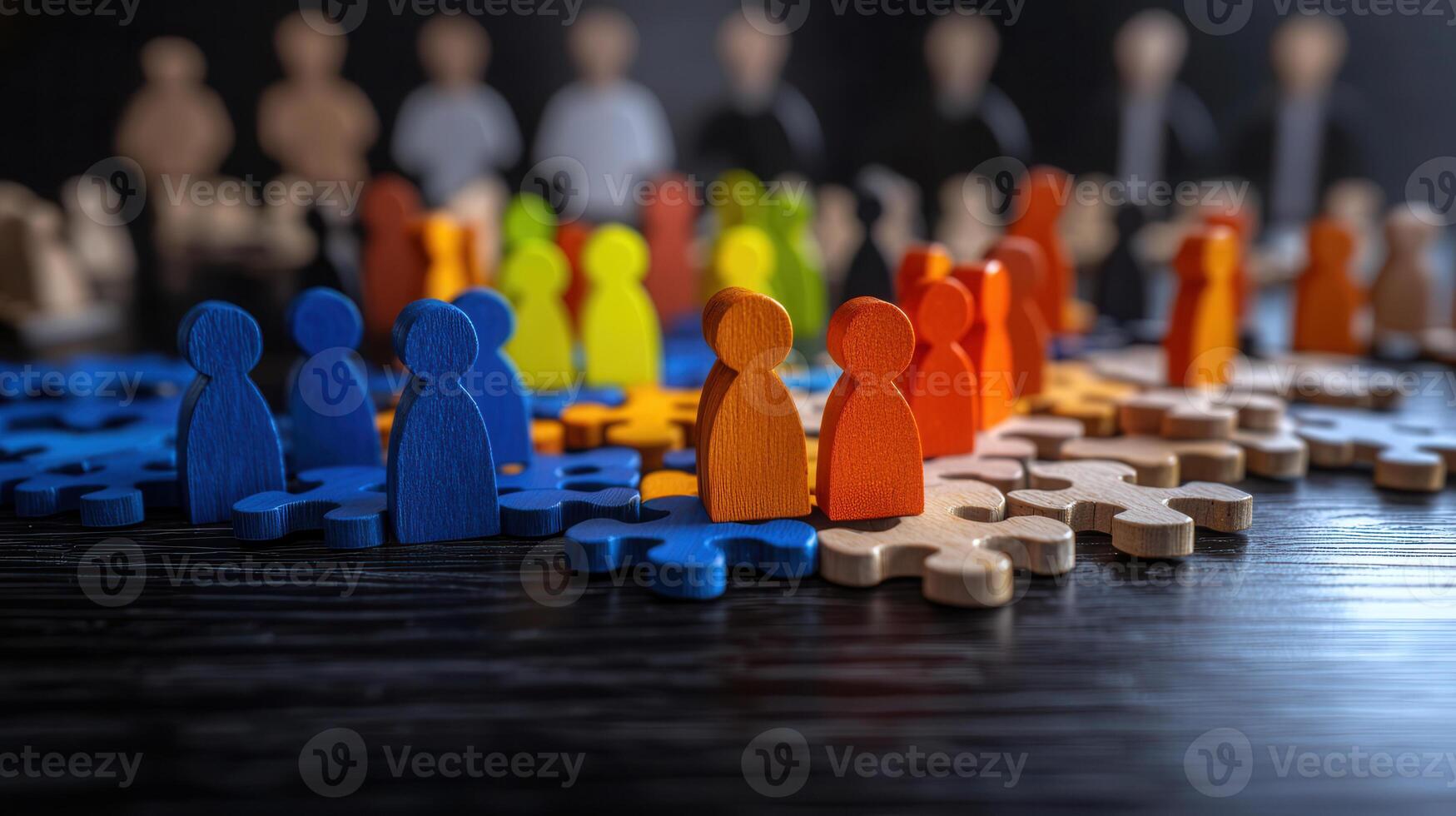 Colorful wooden figures represent diverse people surrounded by puzzle pieces, symbolizing unity and collaboration photo