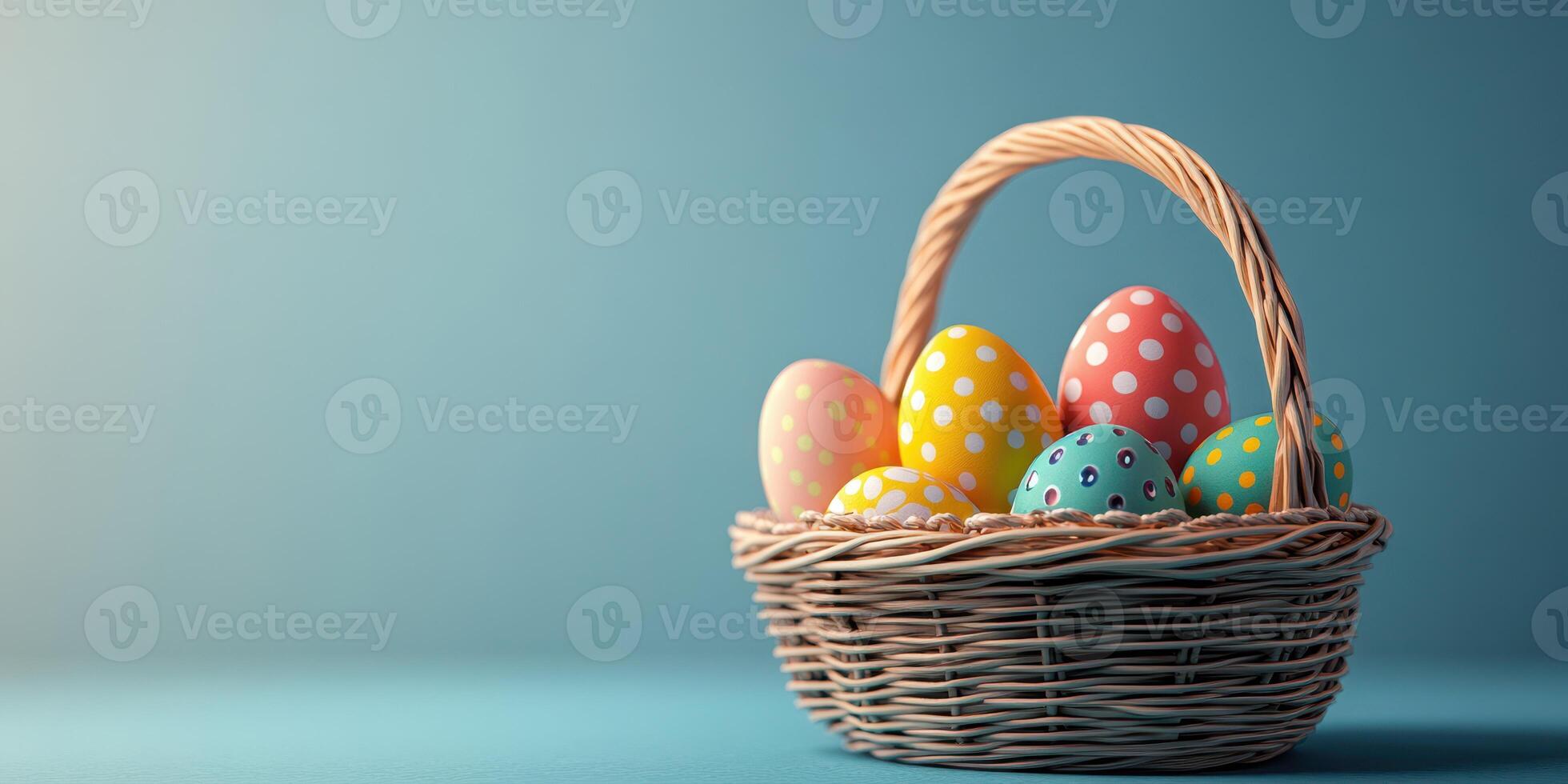 Colorful Easter eggs in a woven basket against a blue background in a festive spring setting photo