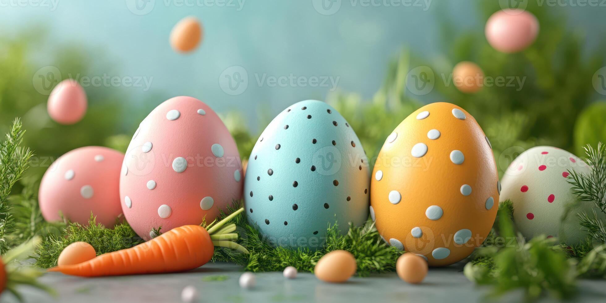 Colorful Easter eggs and carrots arranged on a vibrant surface amidst green foliage for a festive celebration photo