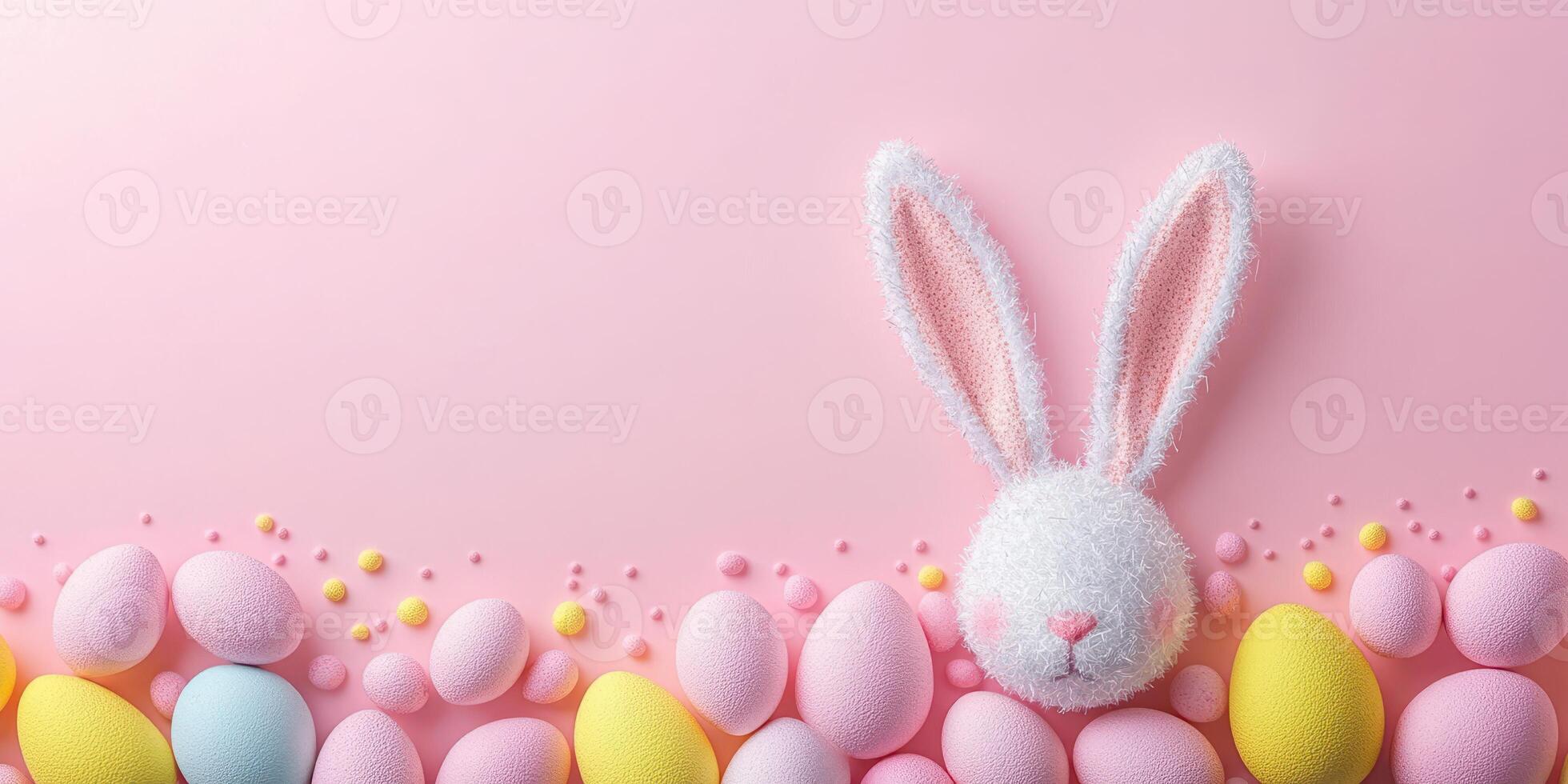 Celebration of Easter with pastel colored eggs and a fluffy bunny on a pink background inviting joy and festivity photo