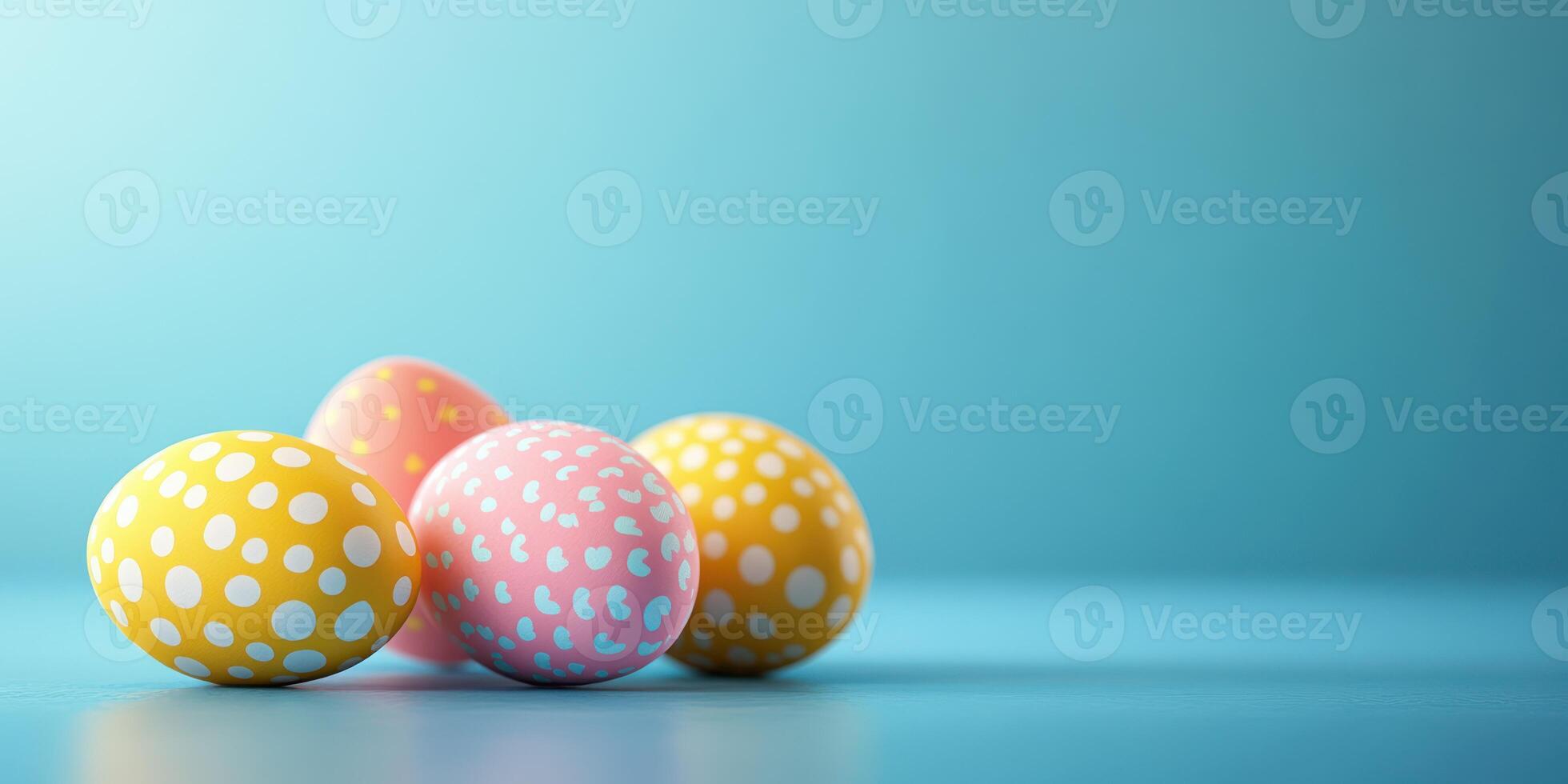Colorful polka dot eggs arranged on a blue background for spring celebrations or Easter festivities photo