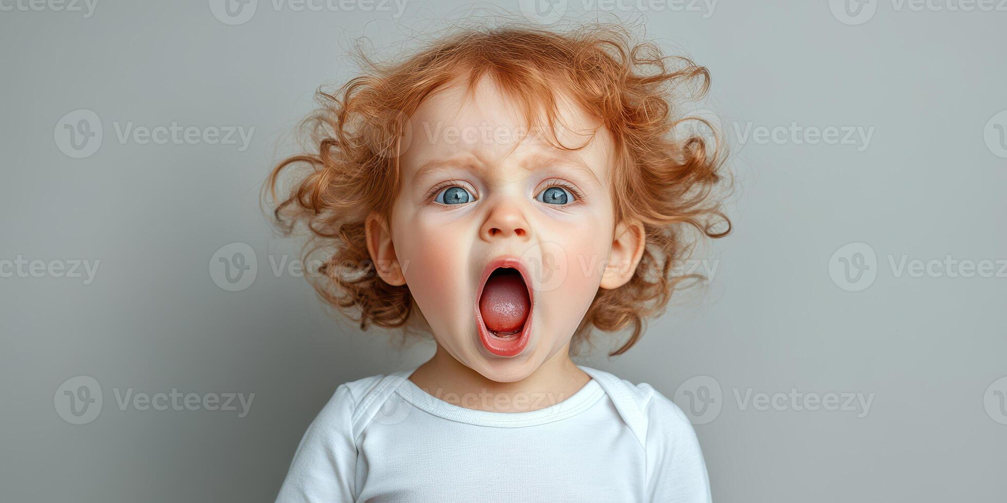 Child with curly red hair expressing surprise and excitement in a neutral setting photo