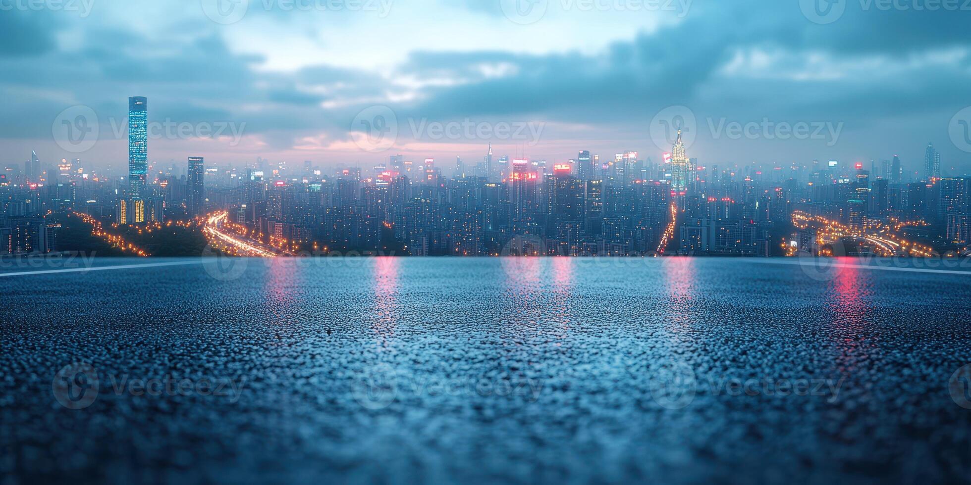City skyline during twilight with reflections on wet surface and moody clouds above photo