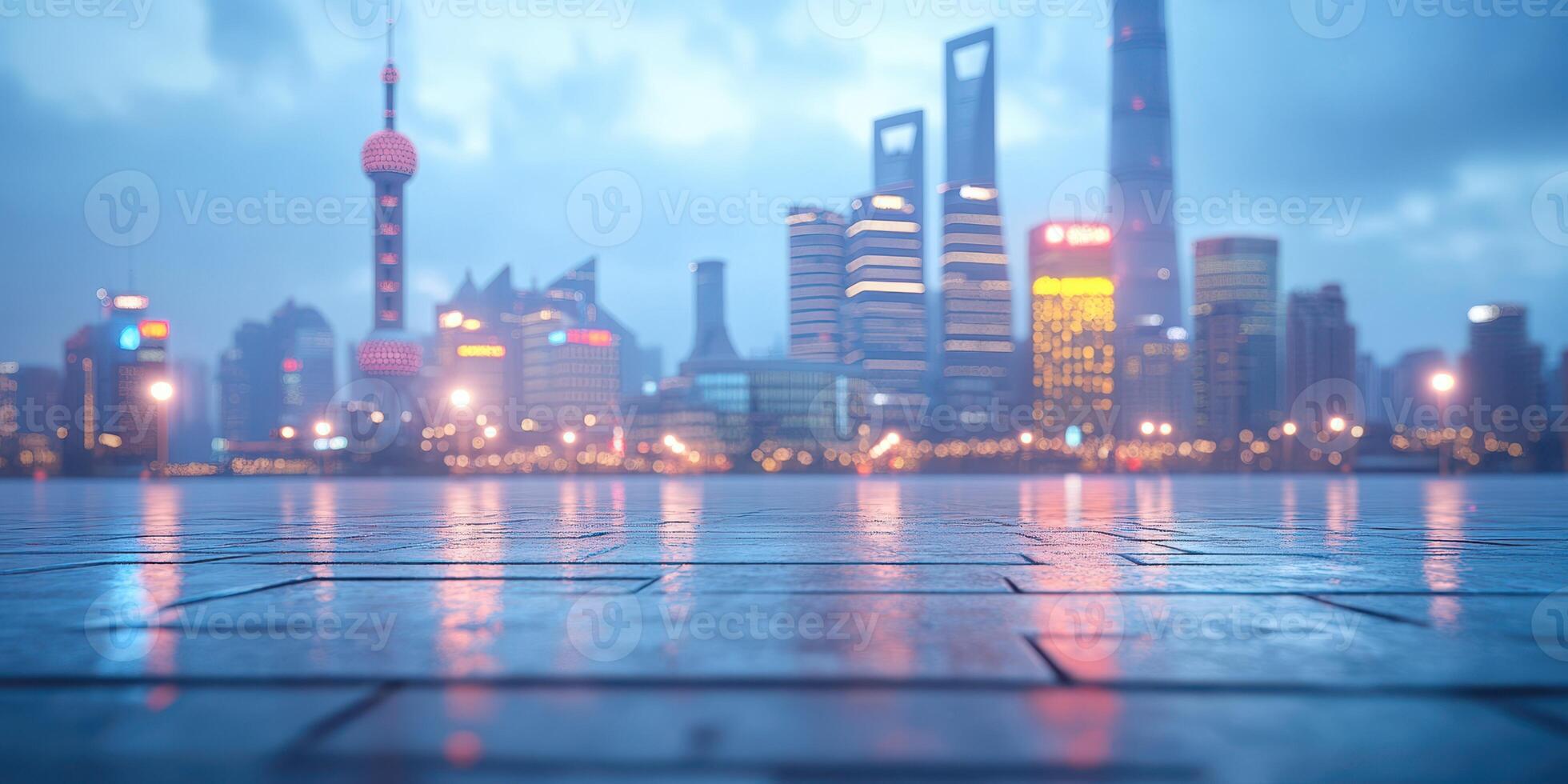 Picturesque evening skyline of Shanghai with glowing buildings and reflections on the waterfront photo
