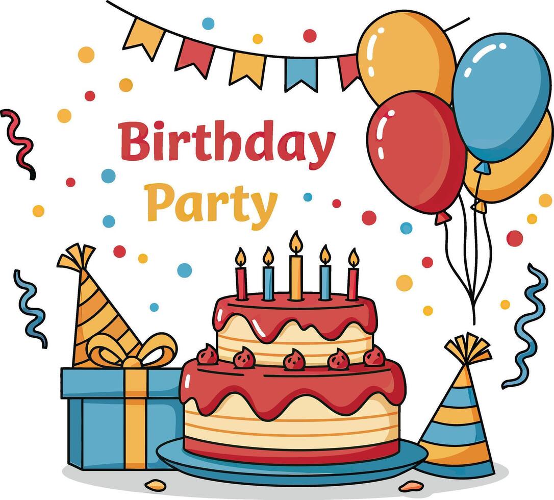 Birthday party with cake and balloons vector