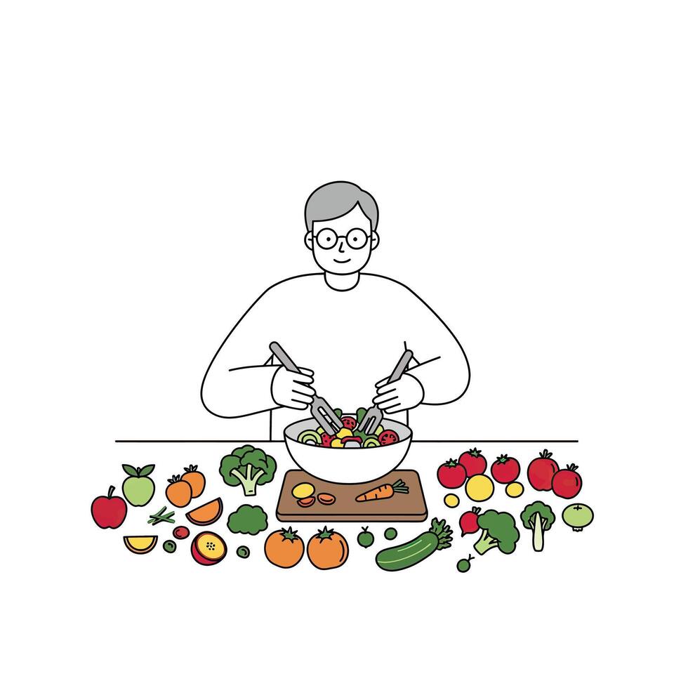 A man is preparing a salad with vegetables vector