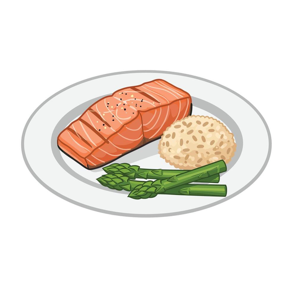 A plate with asparagus and salmon on it vector