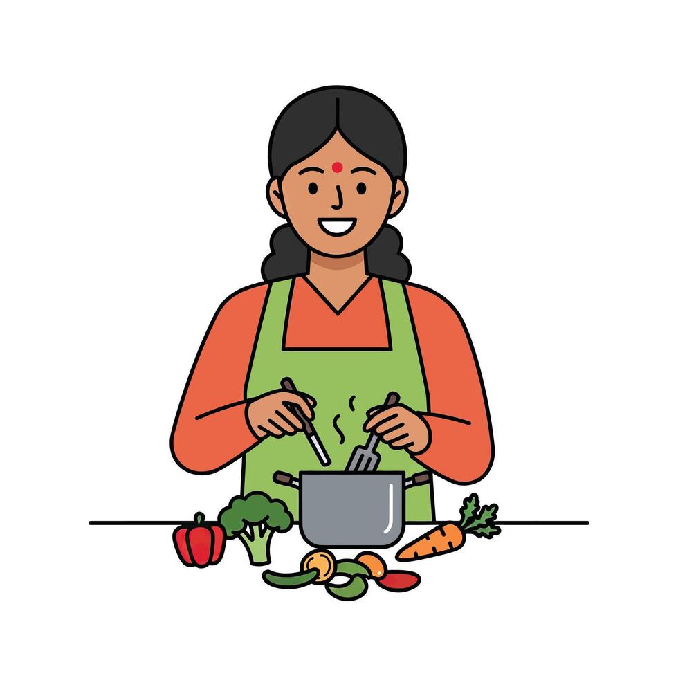 A woman is cooking vegetables in a pot vector