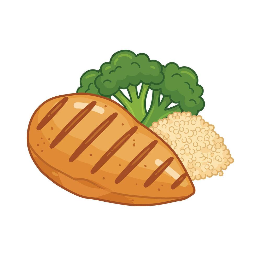 Grilled chicken breast with broccoli and rice illustration vector