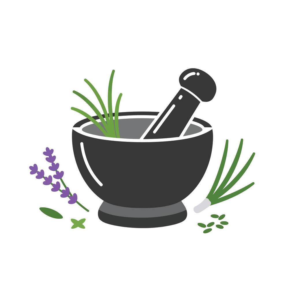 Mortar and pestle with herbs and spices vector