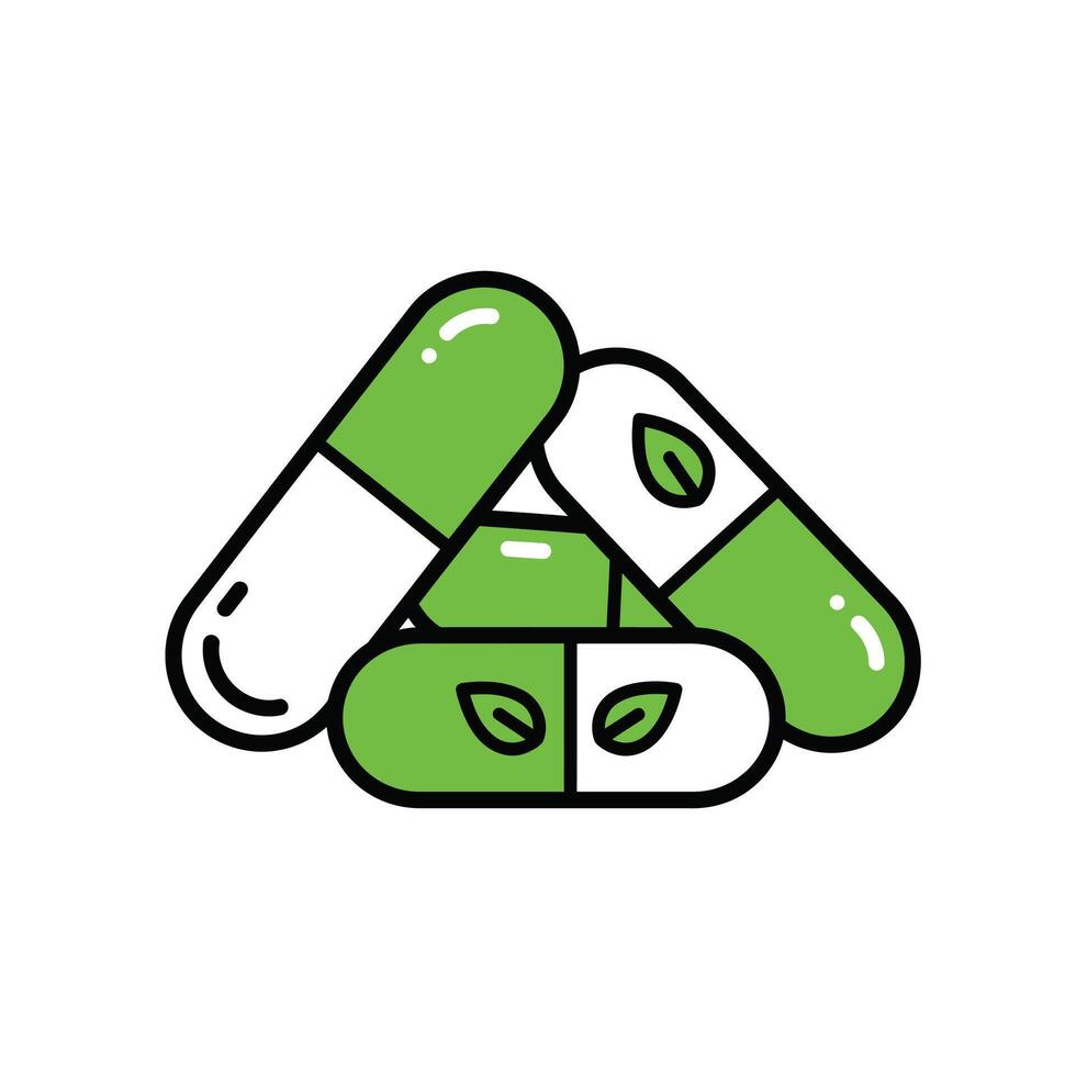 Pill capsules with green leaves on them vector