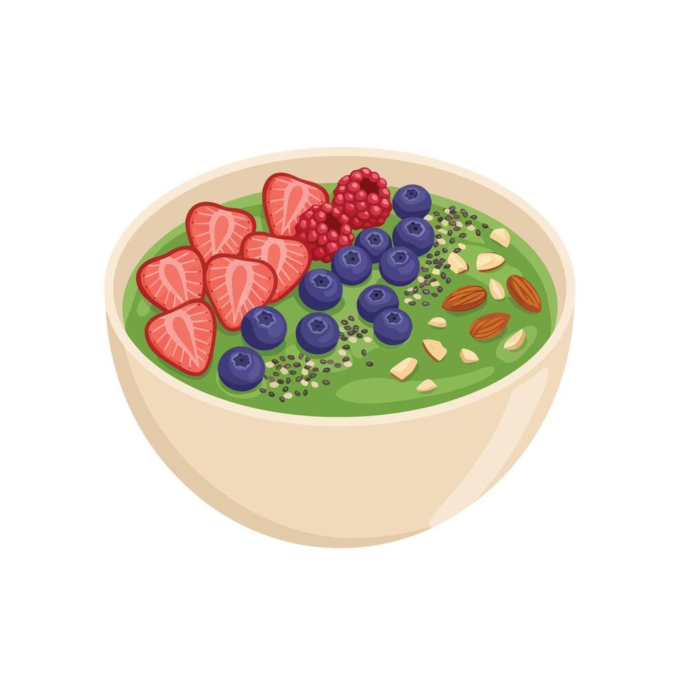 A bowl of green smoothie with berries and nuts vector