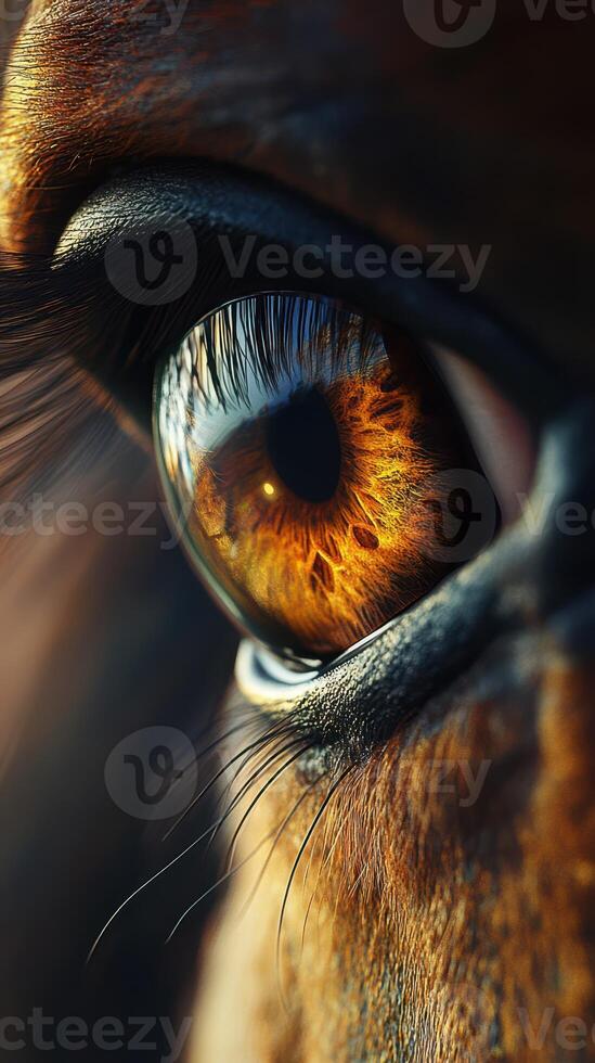 Close-up view of a horse's striking eye showcasing intricate details and vibrant colors in natural light photo
