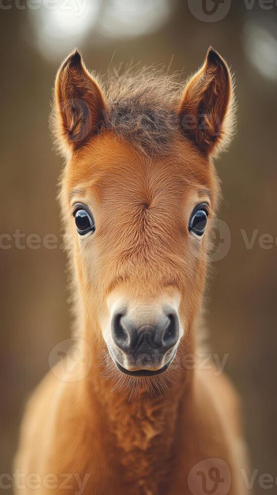 Young brown foal with vivid eyes and fluffy mane stands in soft sunlight in a serene outdoor setting photo