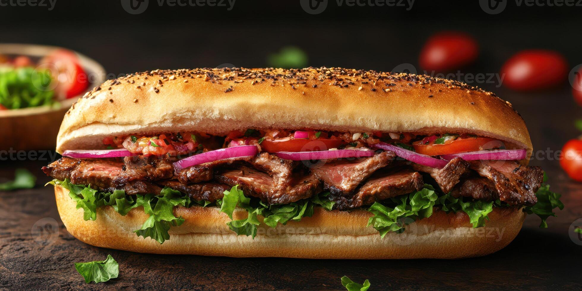 Delicious steak sandwich filled with fresh toppings served on a bakery-fresh roll photo