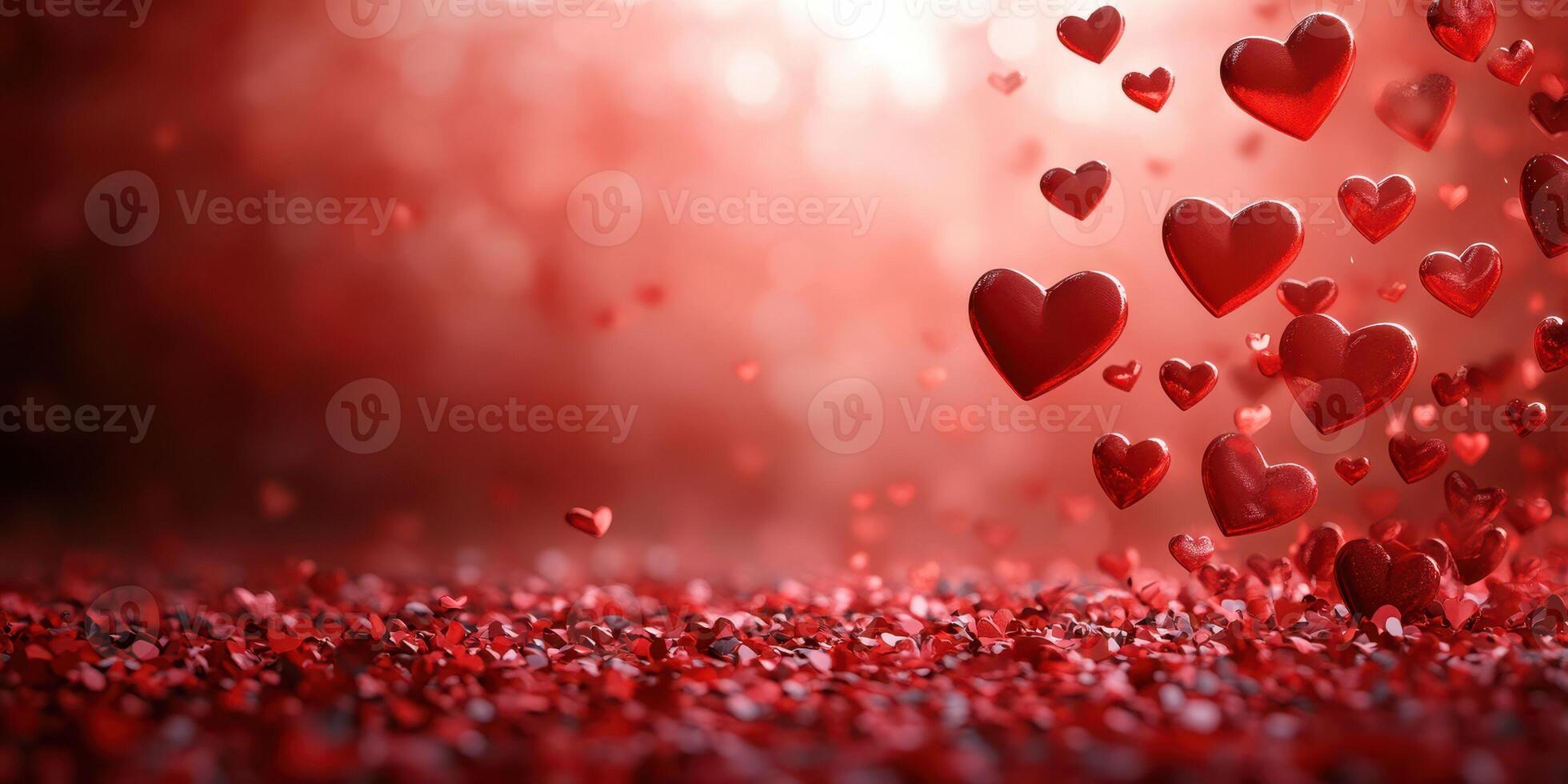 Floating red hearts create a romantic atmosphere with vibrant sparkles in a softly lit background photo