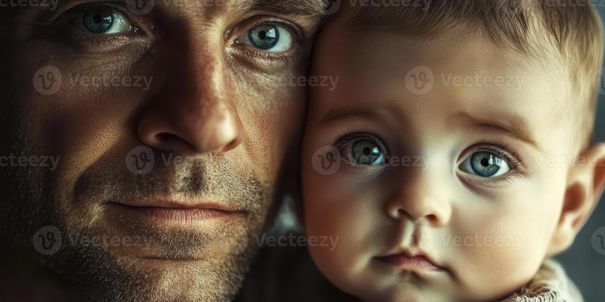 Emotional bond between father and baby captured in a close-up moment during the golden hour photo