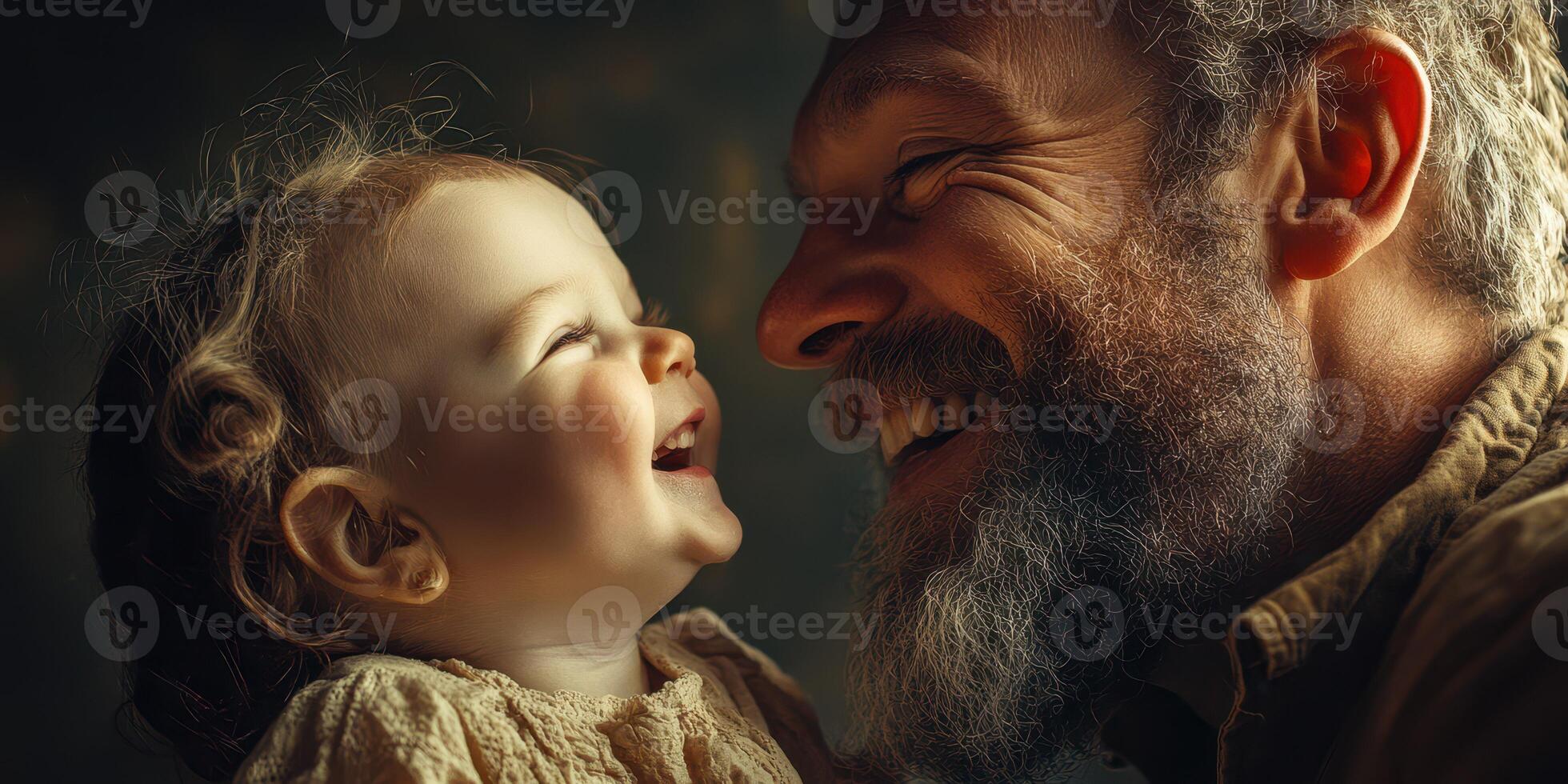 Joyful moment shared between a father and daughter indoors during golden hour light photo