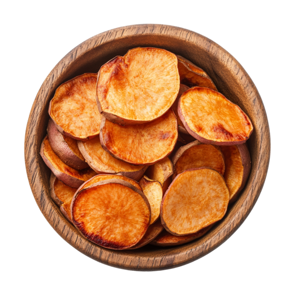 Orange sweet potato chips in a bowl on a transparent background png
