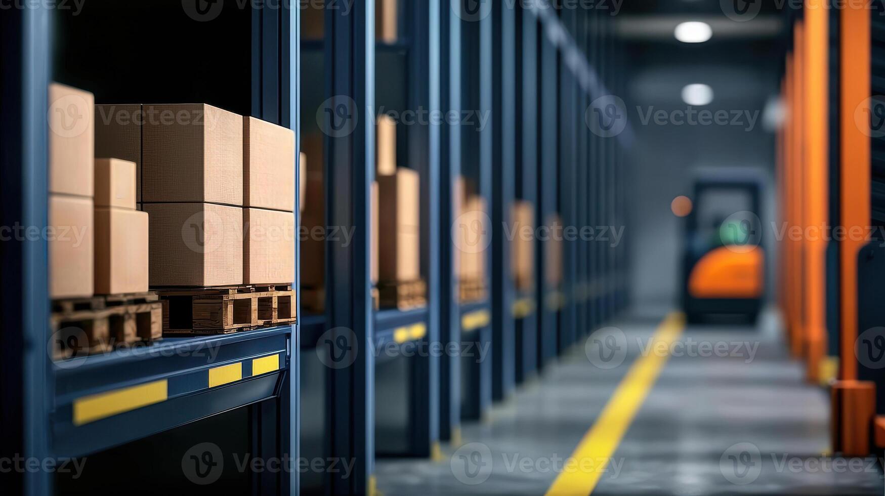Efficient distribution warehouse with stacked packages and robotic arms Supply chain management concept photo