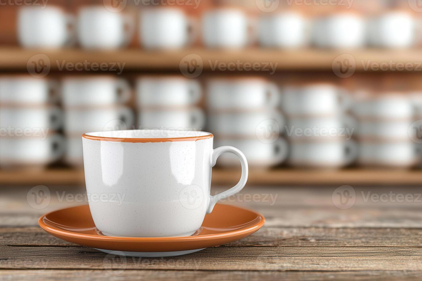 white stoneware cup with orange rim sits on matching saucer, showcasing subtle imperfections, against blurred background of stacked cups photo