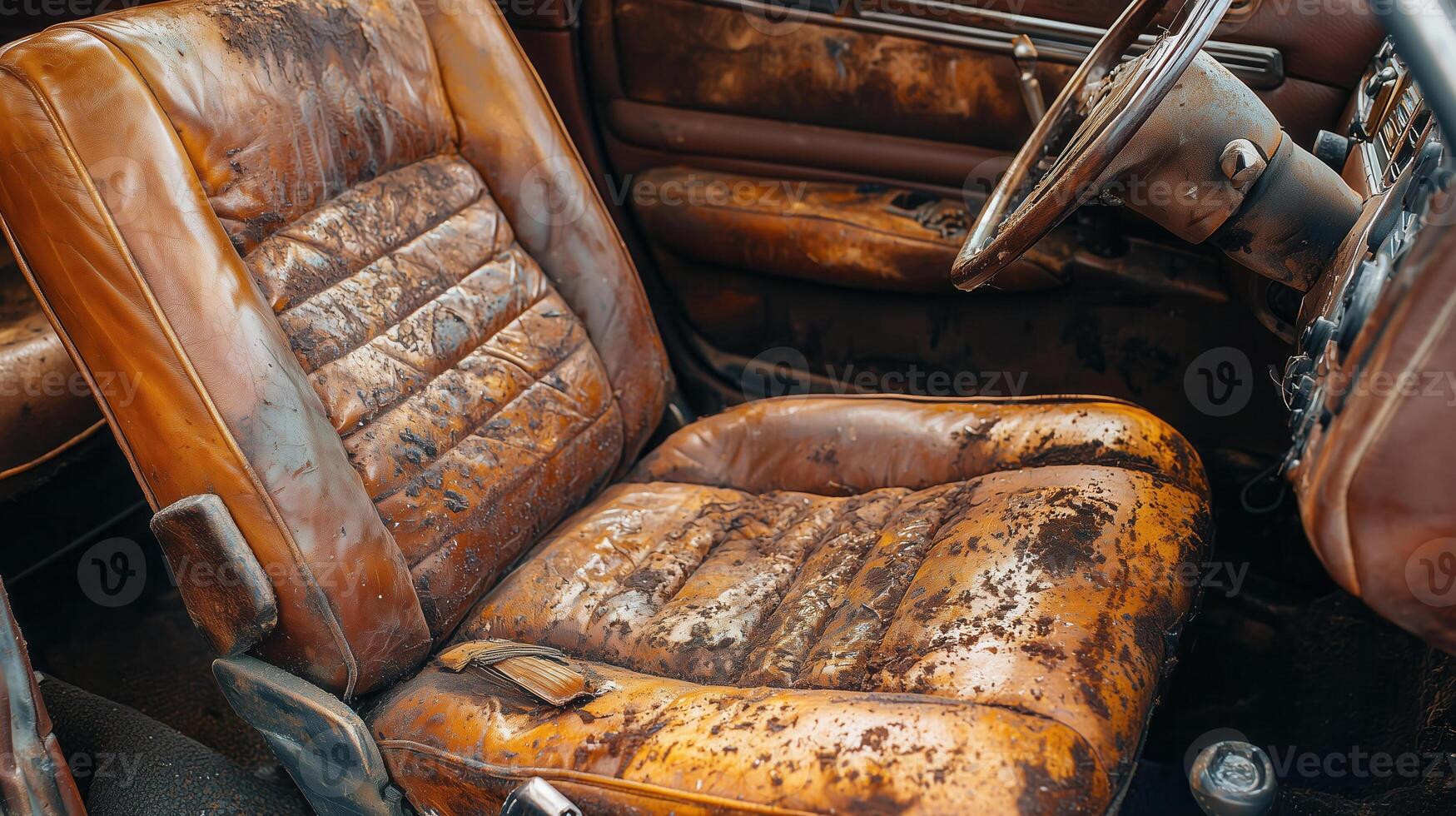 worn and dirty car seat shows signs of mold and rust, reflecting neglect photo