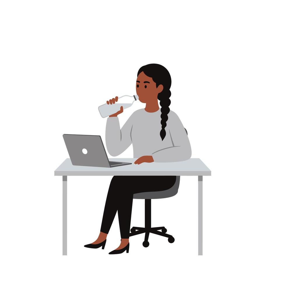 A woman sitting at a desk with a laptop and a bottle of water vector