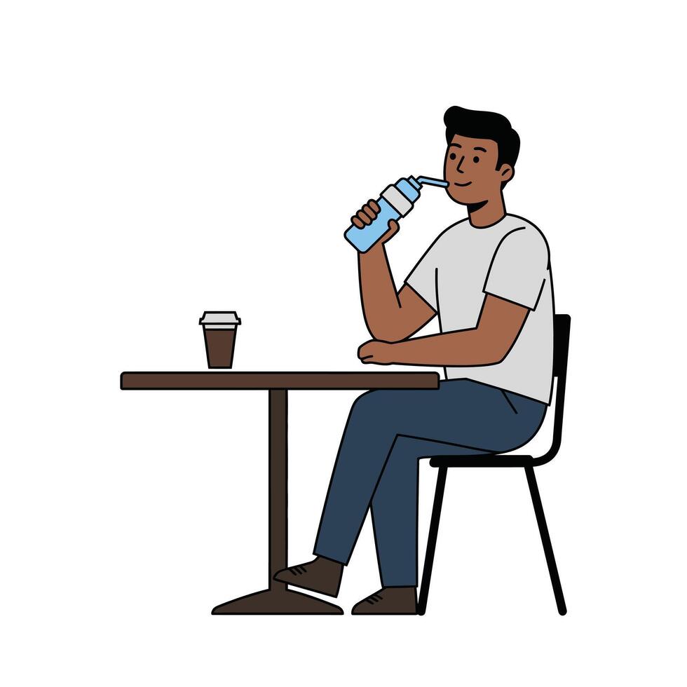 A man sitting at a table drinking water vector