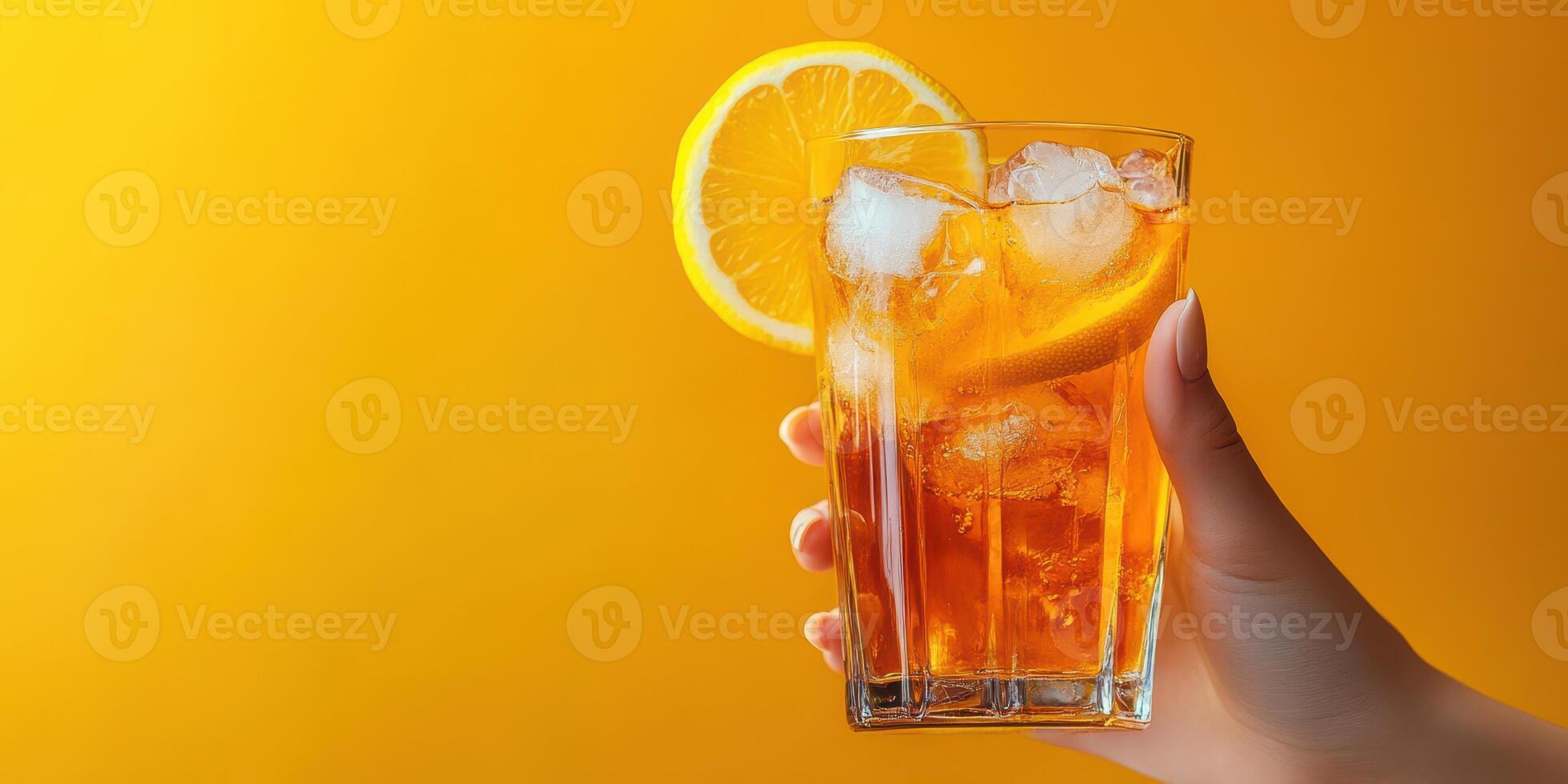 Refreshing iced tea served with lemon slice on bright yellow background during sunny afternoon photo