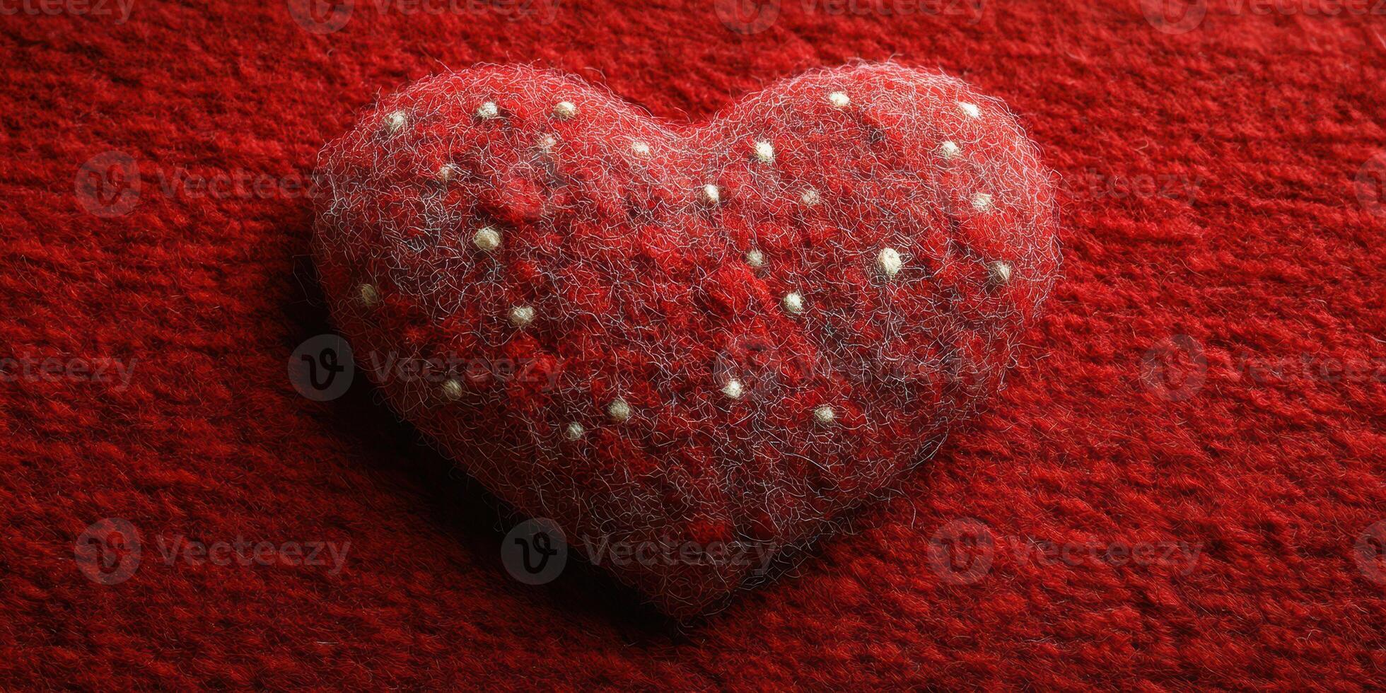 Soft red felt heart with white and silver embellishments resting on a textured red background photo