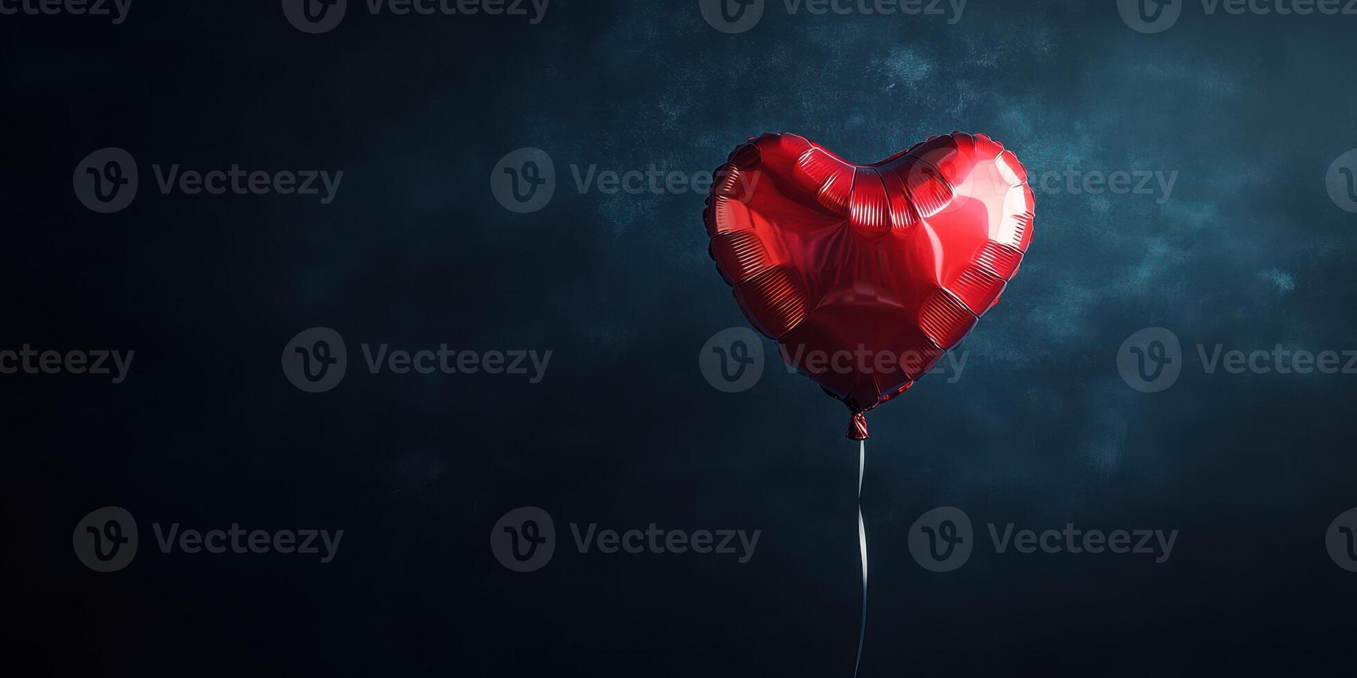 Bright red heart-shaped balloon floating against a dark background, symbolizing love and celebration during special occasions or events photo