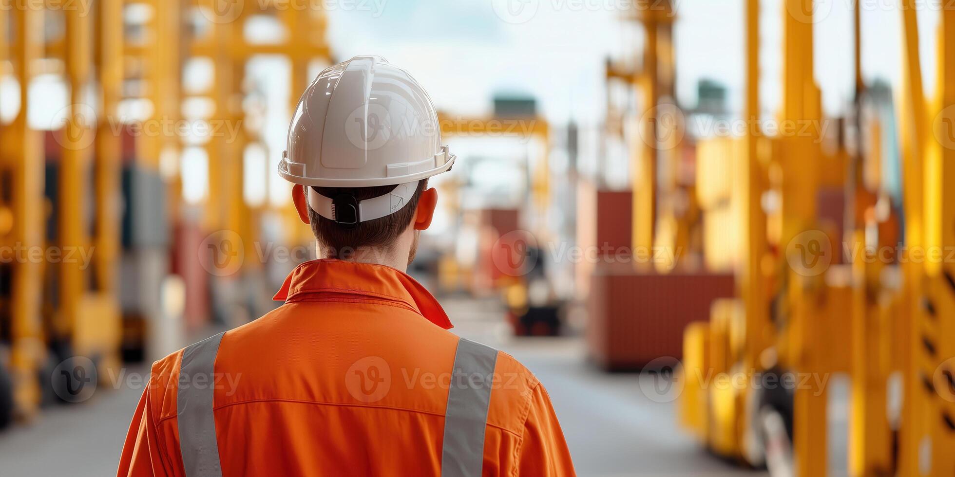 warehouse worker in orange uniform and hard hat observes busy loading area photo