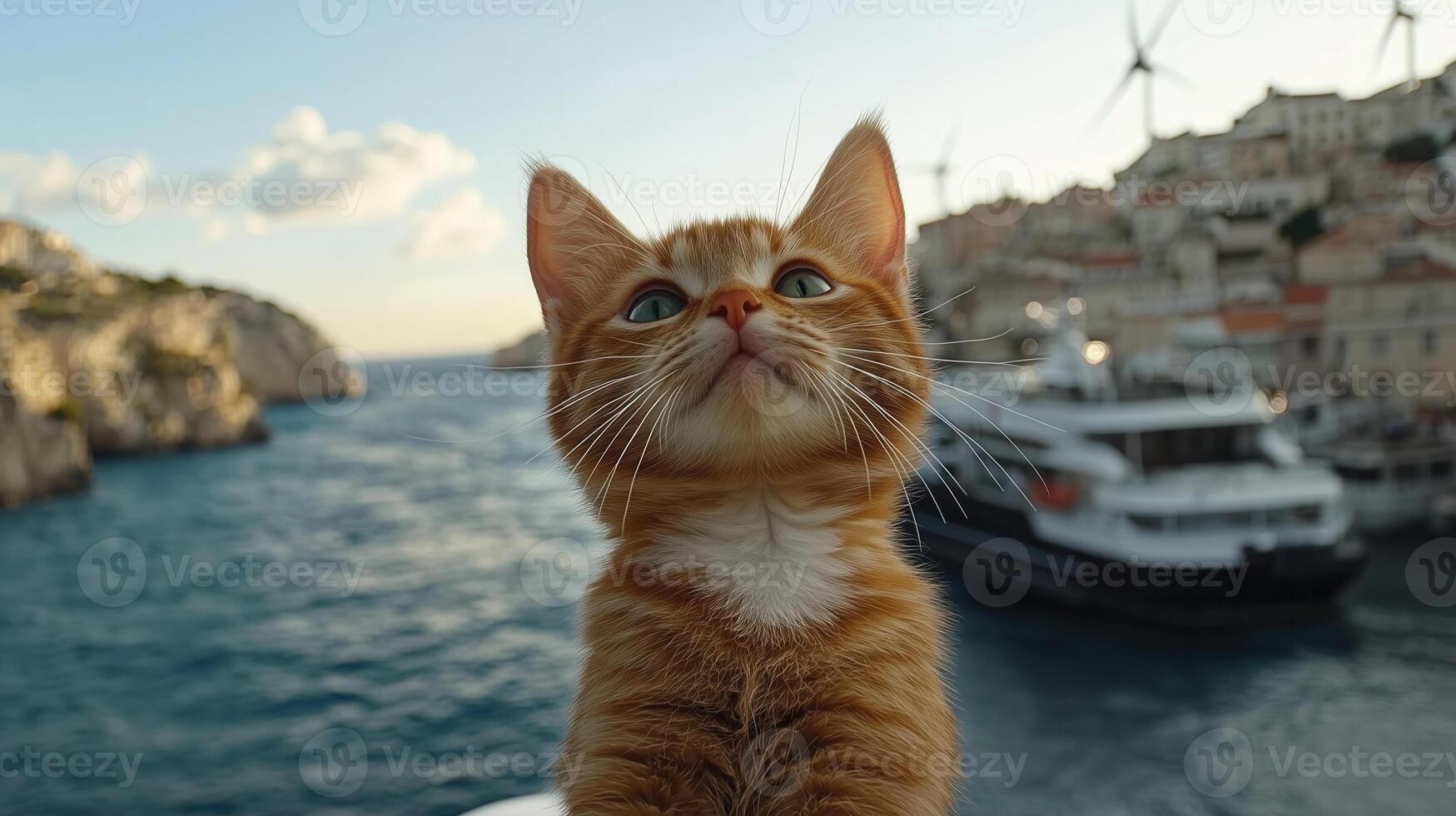 curious orange cat gazes at sky near harbor with boats and wind turbines. scene captures serene coastal atmosphere photo
