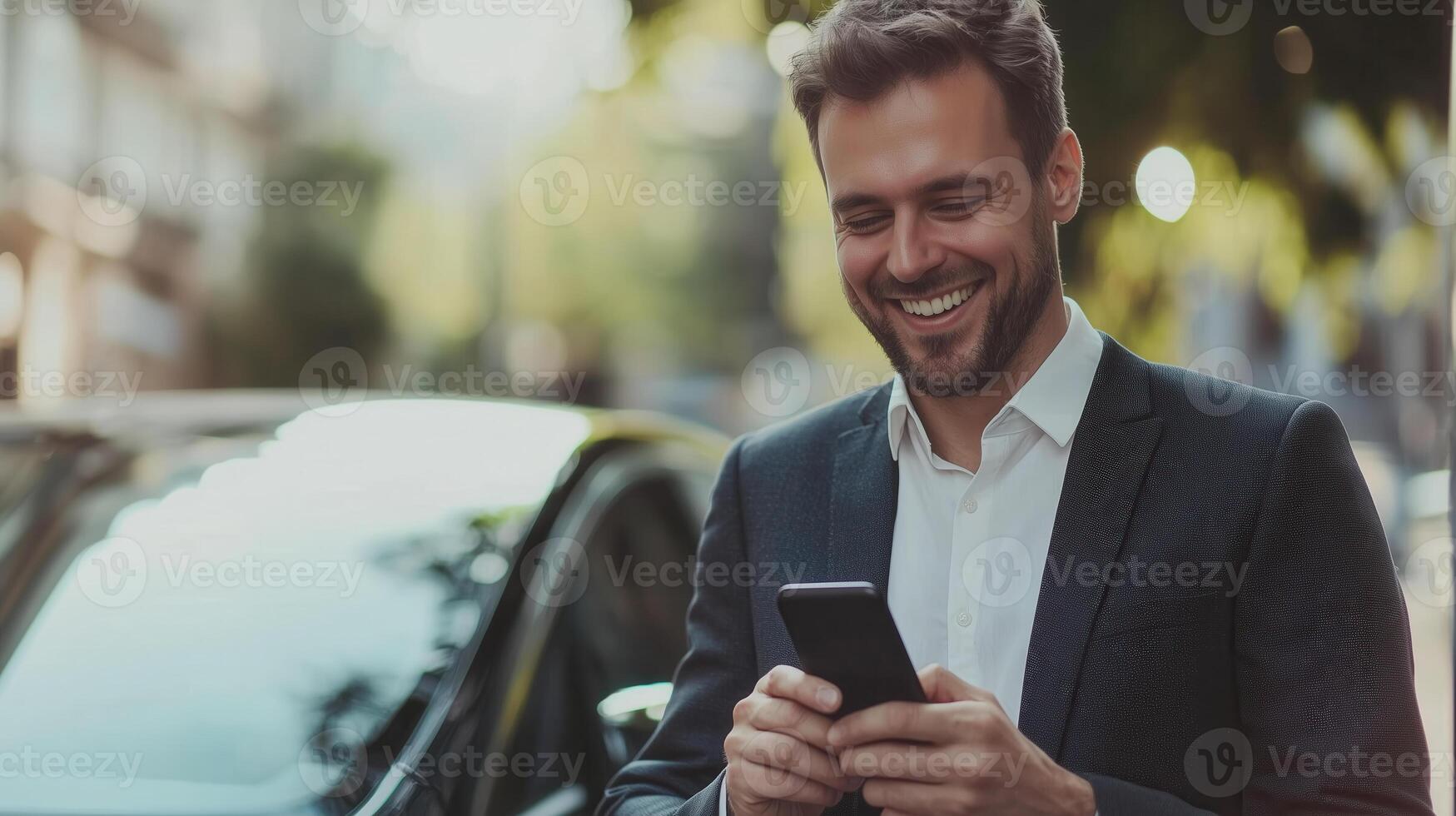 Happy business person using mobile phone outdoors, smiling confidently photo