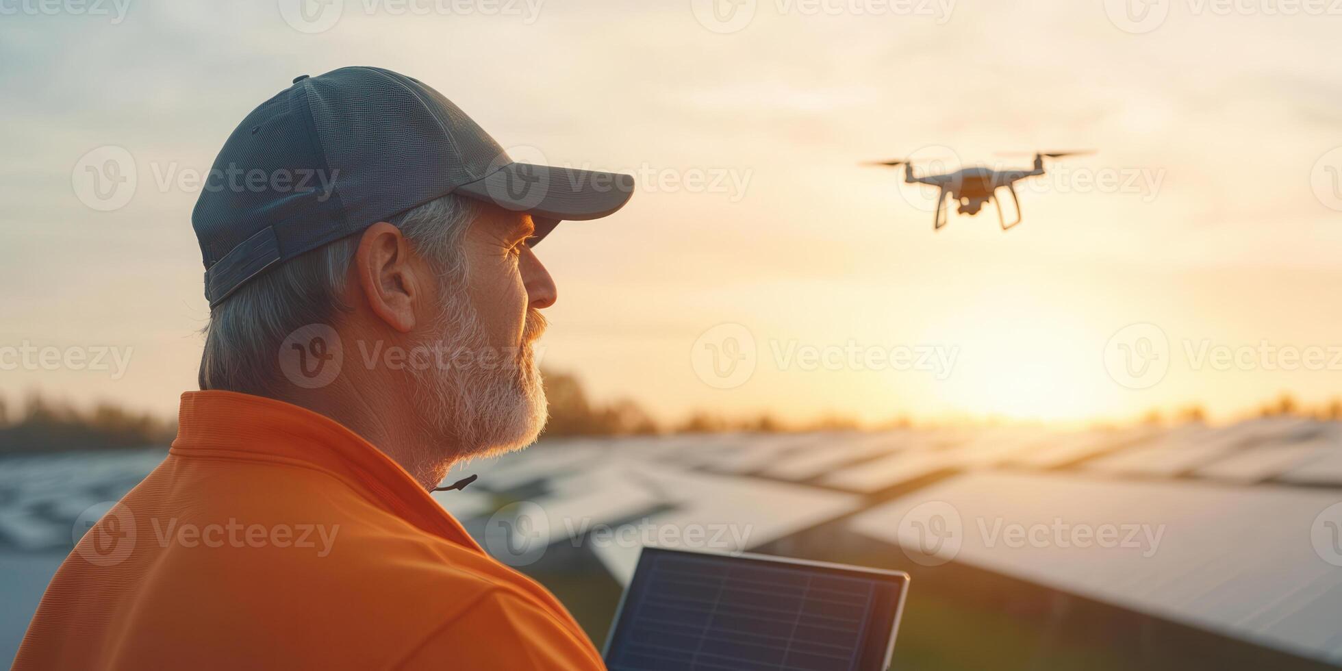 clean energy technician monitors solar panels with drone at sunset photo